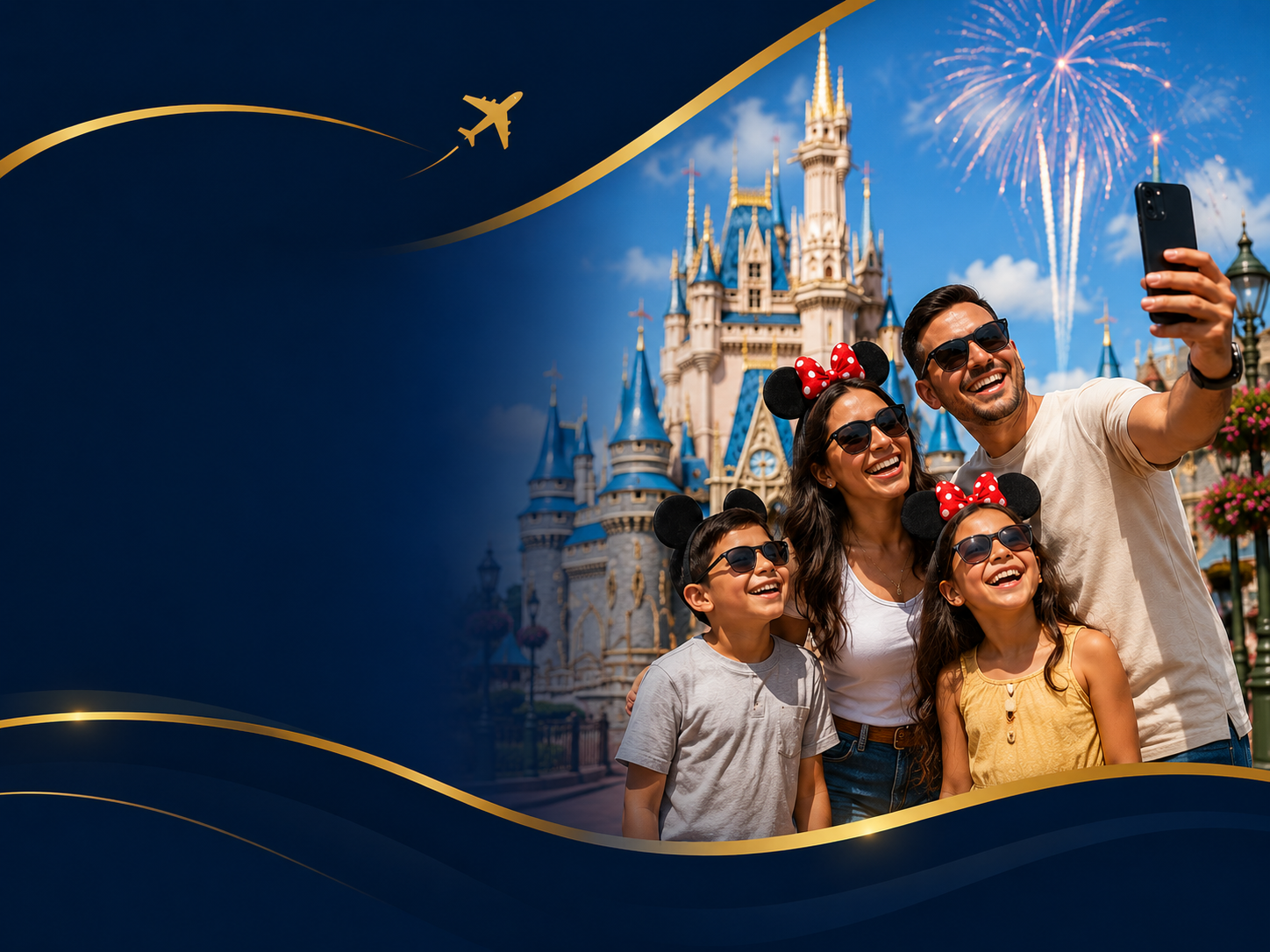 Familia disfrutando vacaciones en parques temáticos dentro de Estados Unidos