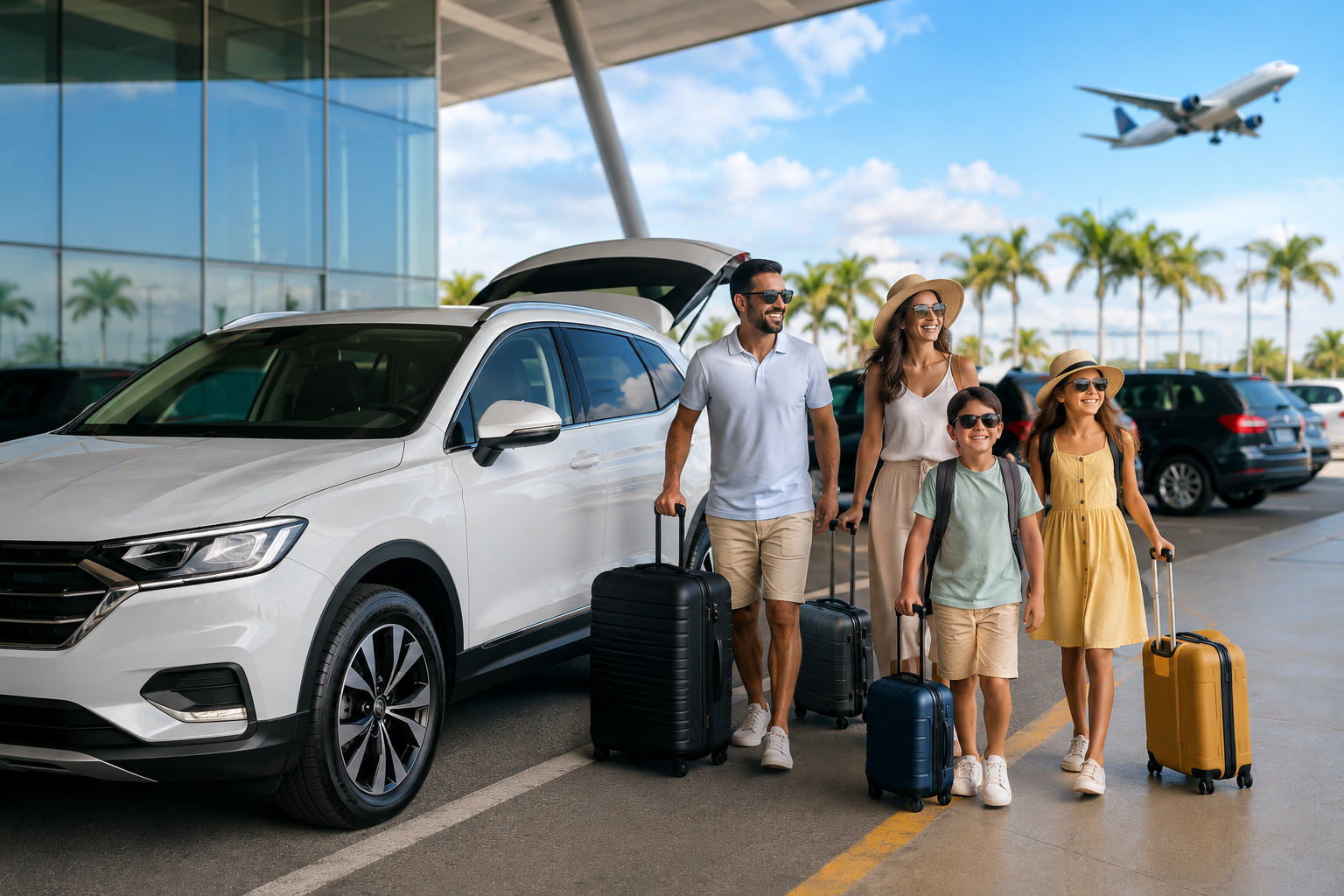 Familia rentando auto para sus vacaciones