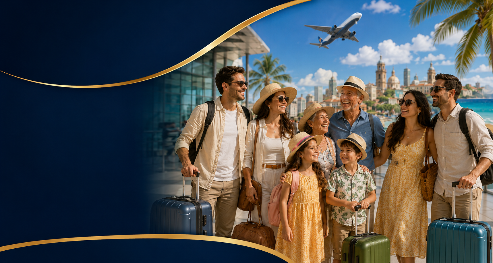 Grupo de familia y amigos viajando juntos